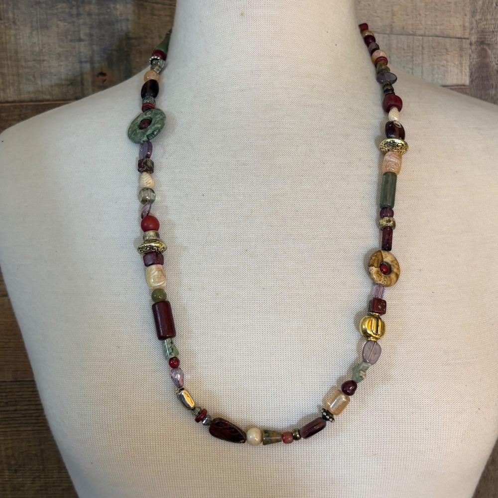 Boho Earthy Beaded Necklace Burgundy Green Gold Stone Glass Multi-Texture 28in